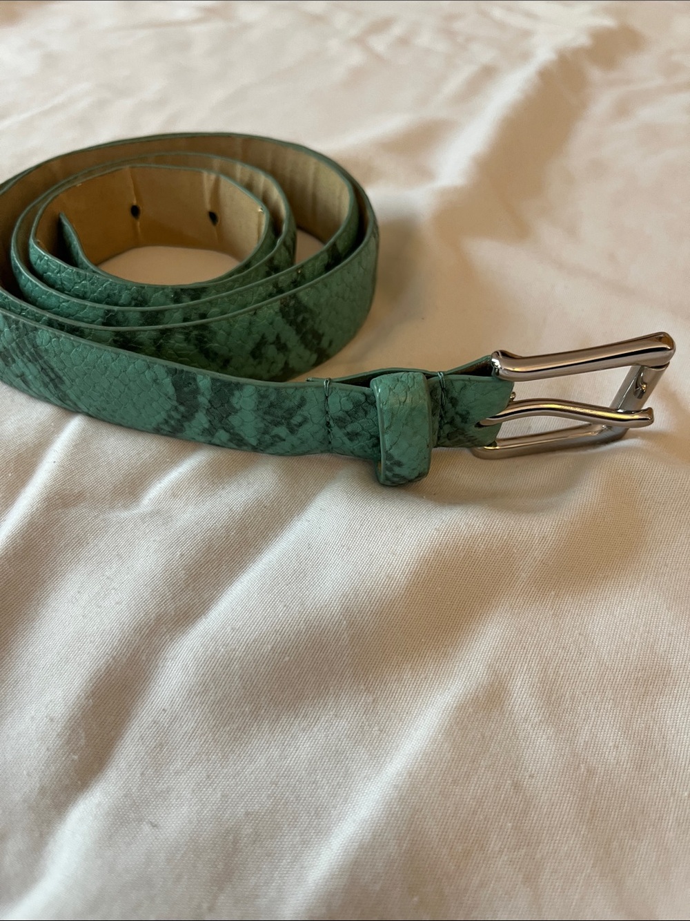Slim Green Snakeskin-Print Belt with Silver Buckle